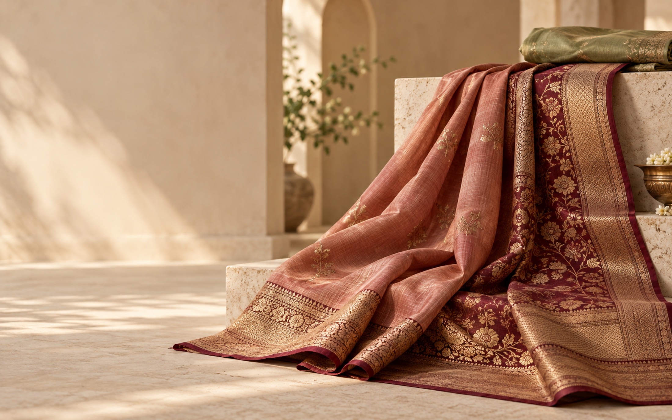 Handwoven rose and oxblood sarees draped in a sunlit setting
